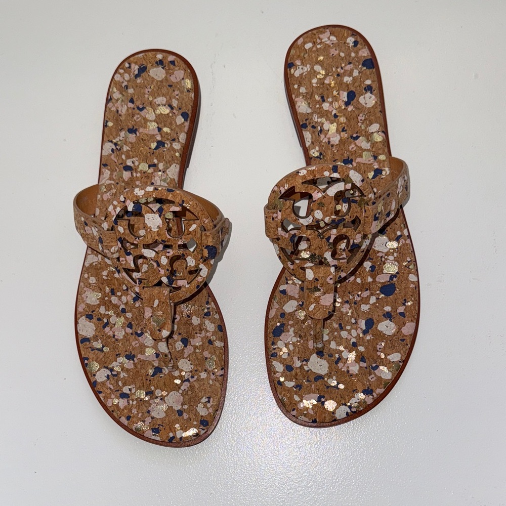 Tory Burch Brown and Blue & Gold Confetti Speckled Sandals